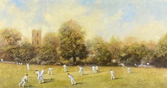 Gordon Lees (b.1933), a signed watercolour 'Turned to Leg', a village cricket scene with notes to