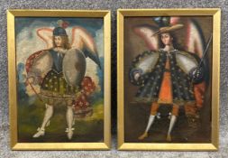 A pair of 19th century oil paintings on canvas, Cusco School angel figures. H.41 W.30cm (each)