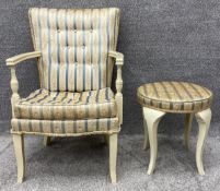 A vintage French style armchair and matching stool with silk needlework style upholstery. H.86 W.