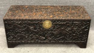 A Chinese camphor chest or coffer profusely carved all over with bird and flower decoration. W.120