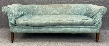 A late 19th century Chesterfield sofa in powder blue damask on rosewood tapering supports. H.70 W.