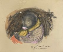 A charcoal and watercolour painting titled 'The Wind in the Willows' signed John Wolsley and dated