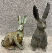 Two bronzed patinated cast iron hares. H.42cm (largest)