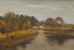 Uldis Redelis (b.1938), oil on board, riverscape, signed with label to the reverse. H.53 W.73cm