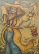 Jack Taylor (b.1930), a framed oil on canvas, a blind man with lantern and bird. H.63 W.48cm