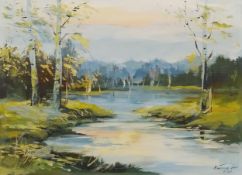 Oil on canvas, a riverscape around Riga, indistinctly signed. H.46 W.62cm