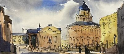 An ink and watercolour of the Clarendon building and the Sheldonian Theatre, signed Quin with