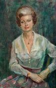 Oil on board, mid century portrait of a seated lady. H.92 W.63cm