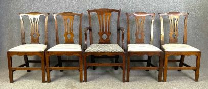 A set of five Georgian oak dining chairs to include and elbow chair. H.102 W.61 D.53cm