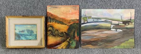 A framed oil on board signed Poli along with two unframed oil paintings; landscapes. H.31 W.41cm (