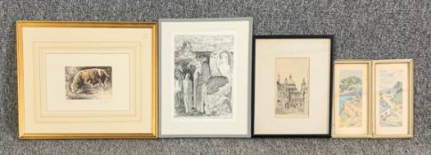 A collection of three signed etchings and a pair of prints, framed and glazed. H.30 W.37cm (