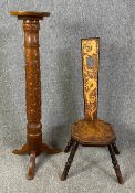 A pokerwork spinning chair and a carved torchere. H.107cm (largest)