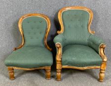 A 19th century carved walnut framed armchair with the matching nursing chair. H.95 W.75 D.93cm