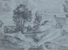 A framed and glazed pencil drawing, village in a landscape, indistinctly signed. H.38 W.43cm