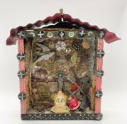 A mixed media shadow box frame with folk art style decoration. H.41 W.39 D.13cm