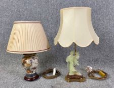 Two vintage Oriental style table lamps. One ceramic, the other a carved jade figural design on