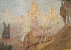 W Curtis Green R.A (1875-1960), watercolour, continental landscape with citadel, signed. Framed