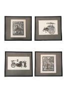 Four Japanese prints on rice paper, framed and glazed. H.71.5 W.64cm largest including frame
