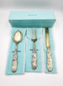 A Tiffany & Co. silver boxed nursery rhyme cutlery set, consisting of a knife, fork and spoon.