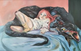 After Guillermo Lorca, oil on canvas, girl and a panther. H.53.5 L.82cm