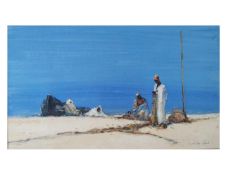 Dudley Hardy (1867-1922), a watercolour, Arab figures resting on the shore, signed, framed and