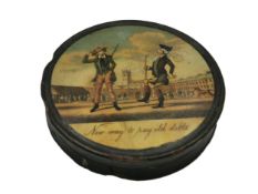 A Georgian papier mache snuff box, lacquered, hand painted and inscribed. Dia. 9.5.cm.