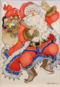 Jan Brett (b.1949), a watercolour on paper, the original artwork for the Dancing Santa cards. With