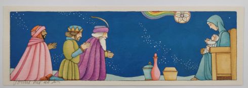 Tomie de Paola (1934-2020), watercolour and ink on paper; the wise men, signed. H.45 W.15cm.