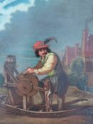 After David Teniers, The Knife Grinder, a 19th century oil on copper in a gilt frame with label to