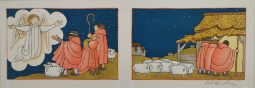 Tomie de Paola (1934-2020), watercolour and ink on paper; The Shepherds, signed. H.52 W.19cm.