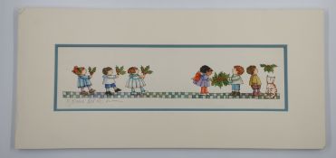 Tomie de Paola (1934-2020), watercolour and ink on paper; children presenting holly, signed. W.52