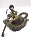 A Pahlavi dynasty (1925-1979) Persian bronze lion's head lock with keys. H.13.3 W.8.5cm Key 9.4cm