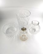 A cut glass vase, a posy vase, a bowl and a vinaigrette with silver collar, tallest H.24.5cm