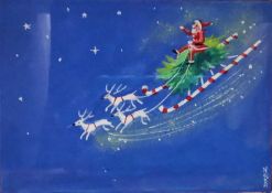 A framed and glazed watercolour, Father Christmas on his sleigh, original artwork, signed