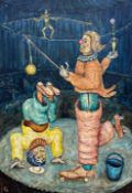 Jack Taylor (b.1930), a monogrammed oil painting on board, circus clowns, in a hessian-backed silver
