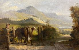 A 19h century oil on canvas, farmer and cattle, in a gilt oak frame. H.48 W.63cm