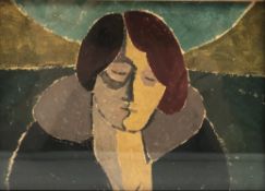 Oil on card, portrait of a woman in the manner of May Guinness, framed and glazed. W.30 H.24cm (