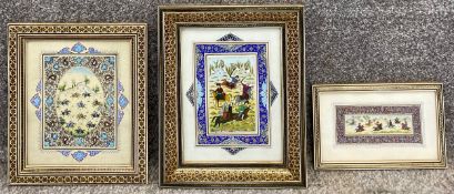 Three hand painted Persian miniatures, battle scenes with ornate hand decorated card mounts, in