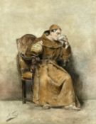 A 19th century framed and glazed watercolour on paper, a seated drinking monk, indistinctly