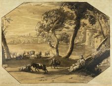 After Claude Lorraine (1600-1682), a signed ink and sepia wash landscape, rutting goats and a seated