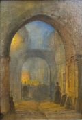 A 19th century continental oil on board, a torch lit gathering, in a gilt frame with notes to the
