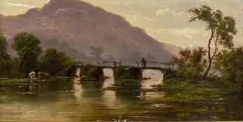 An early 19th century oil on panel, figure on a bridge by watering cattle in a mountainous