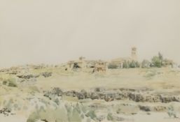 A framed and glazed watercolour, continental hilltop town, signed and dated B Kramer. H.56 W.74cm