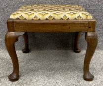 A 19th century mahogany stool with drop in seat on cabriole supports. H.39 W.49 D.49cm