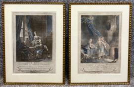A pair of 18th century hand coloured engravings titled 'La Toilette' and 'Le Coucher'. Both framed