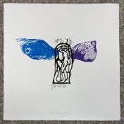 An indistinctly signed colour linocut print, figure with wings, with blind stamp. H.45 W.45cm