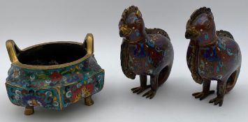 A pair of 19th century Chinese cloisonne birds along with a heavy cloisonne tripod censer with marks