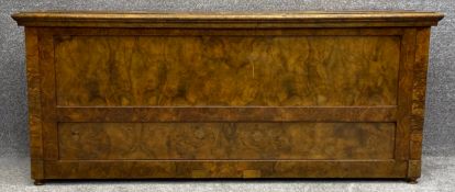 A burr walnut chest with a hinged top. (From a section of 19th century upright piano). H.60 W.140