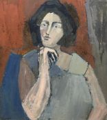 Judy Twynam, oil on board, portrait of a pensive lady, signed. Framed. H.67 W.61cm