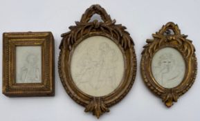 Three 19th century miniature sketches in carved giltwood frames; two in pencil, one in ink. H.23 W.